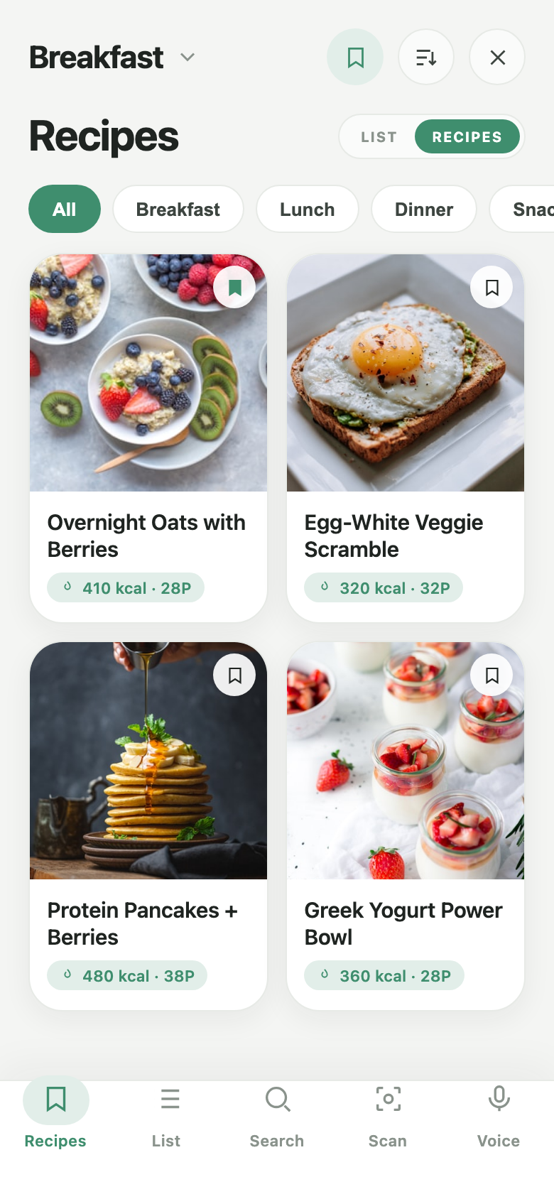 Recipe library grid